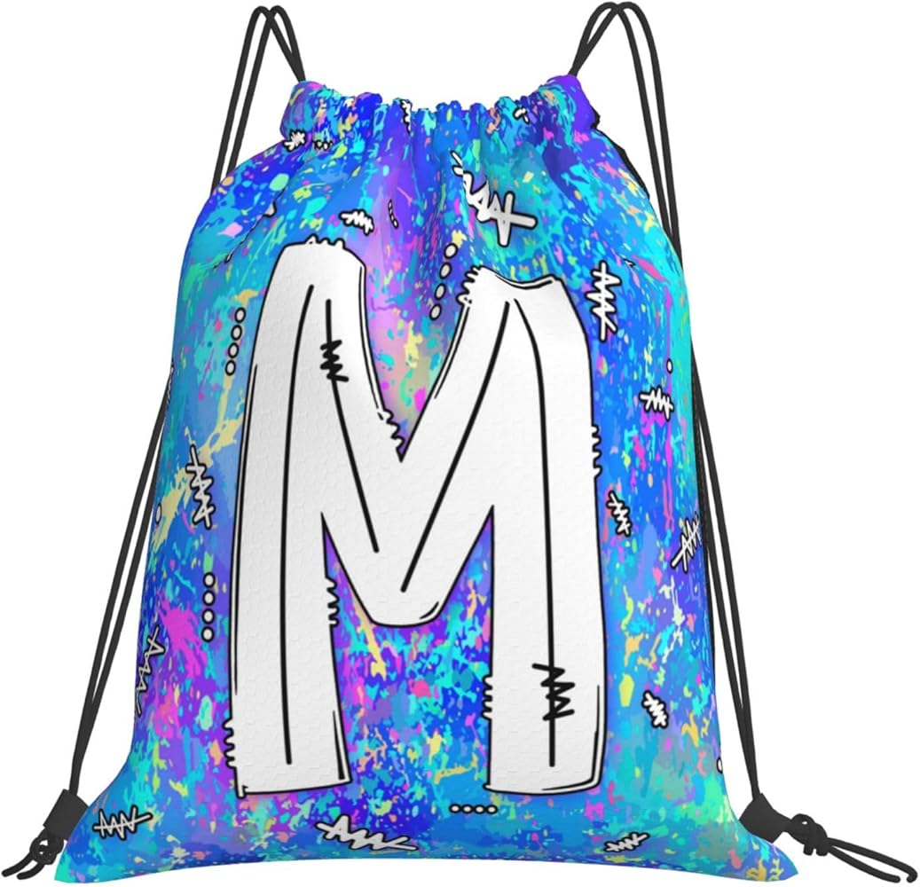 Drawstring Backpack Bag Sport Gym Sackpack Initial Blue Draw String Cinch Bags Bulk String Backpack Storage Bag for Women Men Letters M
