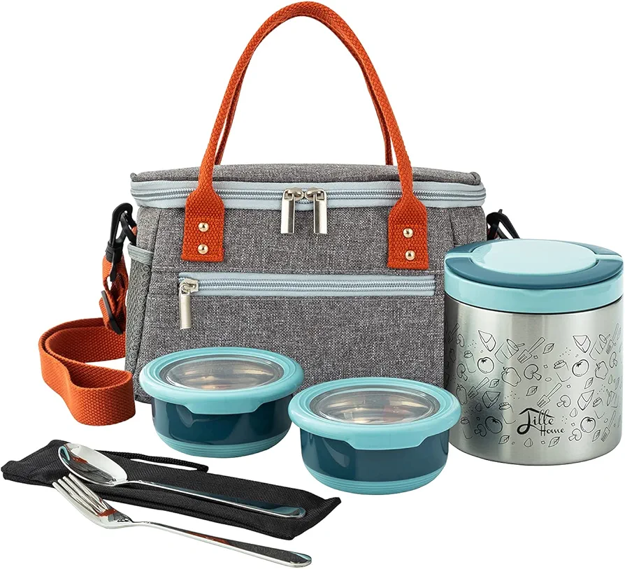 Lille Home Lunch Box Set, A Vacuum Insulated Bento/Snack Box Keeping Food Warm for 3-4 Hours, Two Stainless Steel Food Containers, A Lunch Bag, A Portable Cutlery Set (Blue)