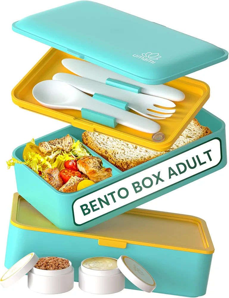 Umami All-in-1 1.2 L Bento Lunch Box Adult with Cutlery, 2 Sauce Containers as Lunch Boxes Salad, Snack Bento Box, Leak-Proof Lunch Box for Adults, Includes Accessories Lunch Box with Compartments for