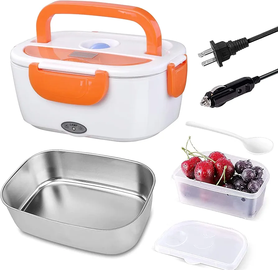 INVODA Electric Lunch Box 2 In 1 Food Heater 12V 24V 110V Portable Food Warmer for Car and Home Removable Stainless Steel Heated Bento Box (Orange)