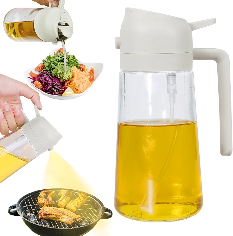 Oil Dispenser for Kitchen, 2 in 1 Olive Oil Dispenser and Oil Sprayer for Cooking, 16.5oz/470ml Premium Glass Oil Bottle, Food-grade Oil Mister for Air Fryer, Frying, Salad, BBQ(Beige)