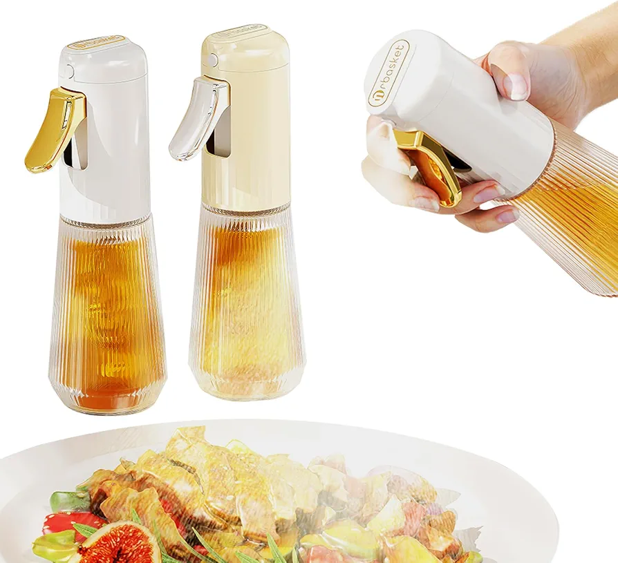 Oil Sprayer for Cooking,280ml Glass Olive Oil Spray Bottle,New Groove Non-slip Design,Kitchen Gadgets Accessories for Salad,BBQ,Air Fryer,Kitchen Baking,Roasting (Beige&Siler)
