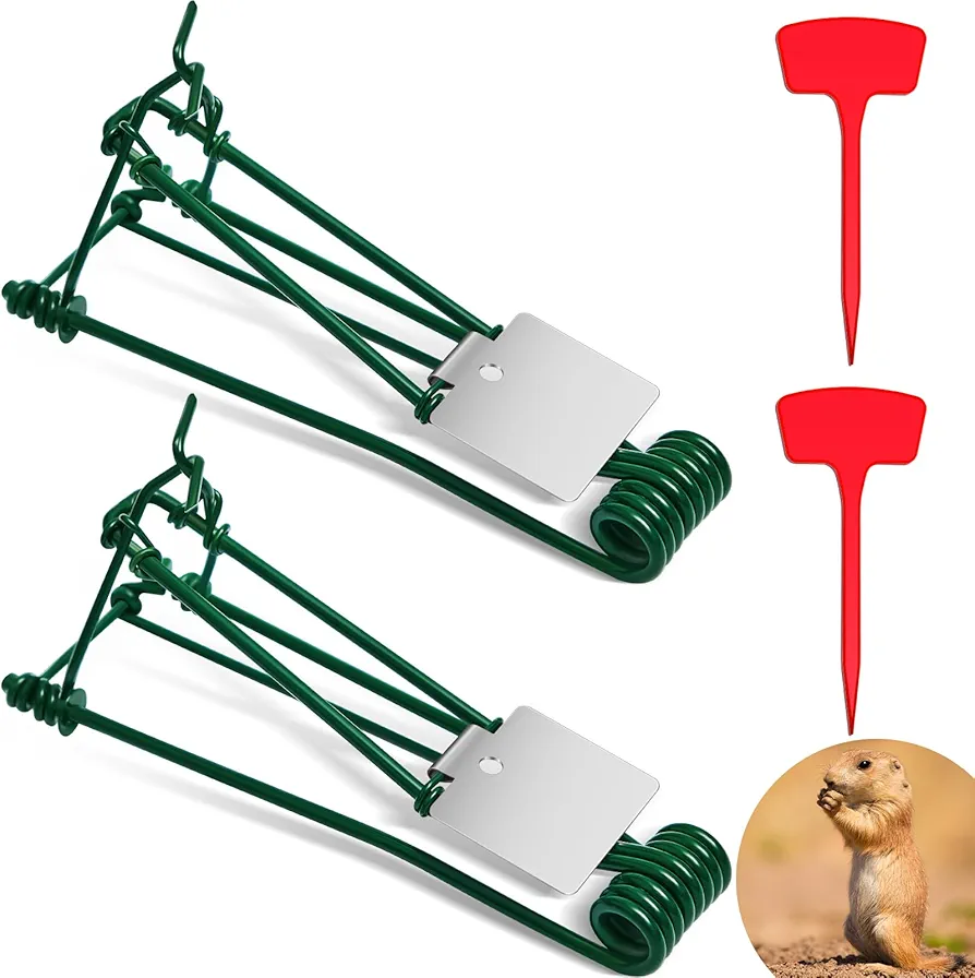 Qualirey 2 Pcs Outdoor Gopher Trap Easy to Set Mole Trap Weather Resistant Gopher Killer Vole Trap with Red T Type Labels for Lawn Garden Farm (Green)