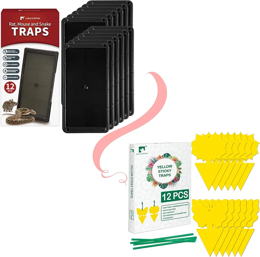 LULUCATCH Mouse Traps 12 Pack and Fruit Fly Trap Yellow Sticky Plant Traps 12 Pack Bundle