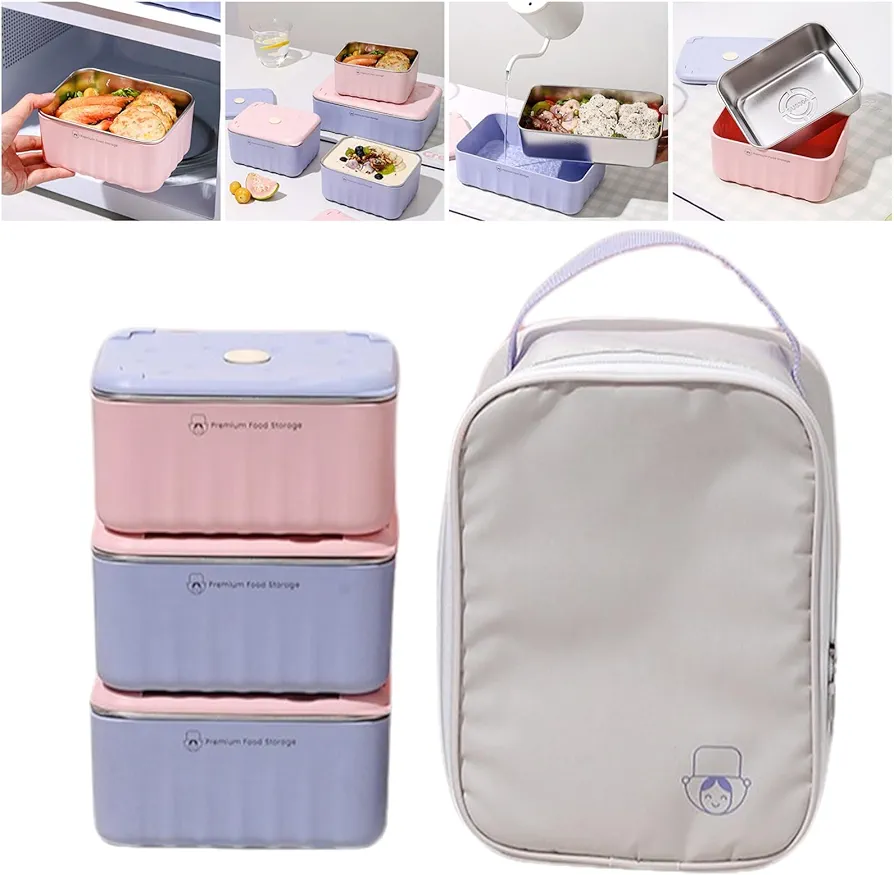 Cute Bento Box Adult Lunch Box, 3 Pcs Food Container, Leak-proof Lunch Box with Insulated Lunch Bag, Portable Microwaveable Bento Box for Woman (3 * 600 ML)