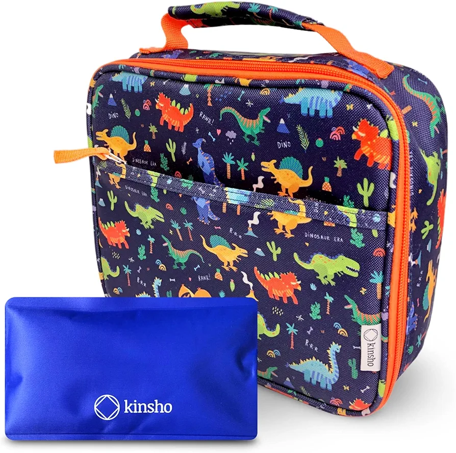 Dinosaur Lunch Box with for Boys with Ice Pack, Insulated Bag for Toddlers Kids Girls Baby Boy Daycare Pre-School Kindergarten, Container Boxes for Small Kid Snacks Lunches, BPA Free, Blue Orange Dino