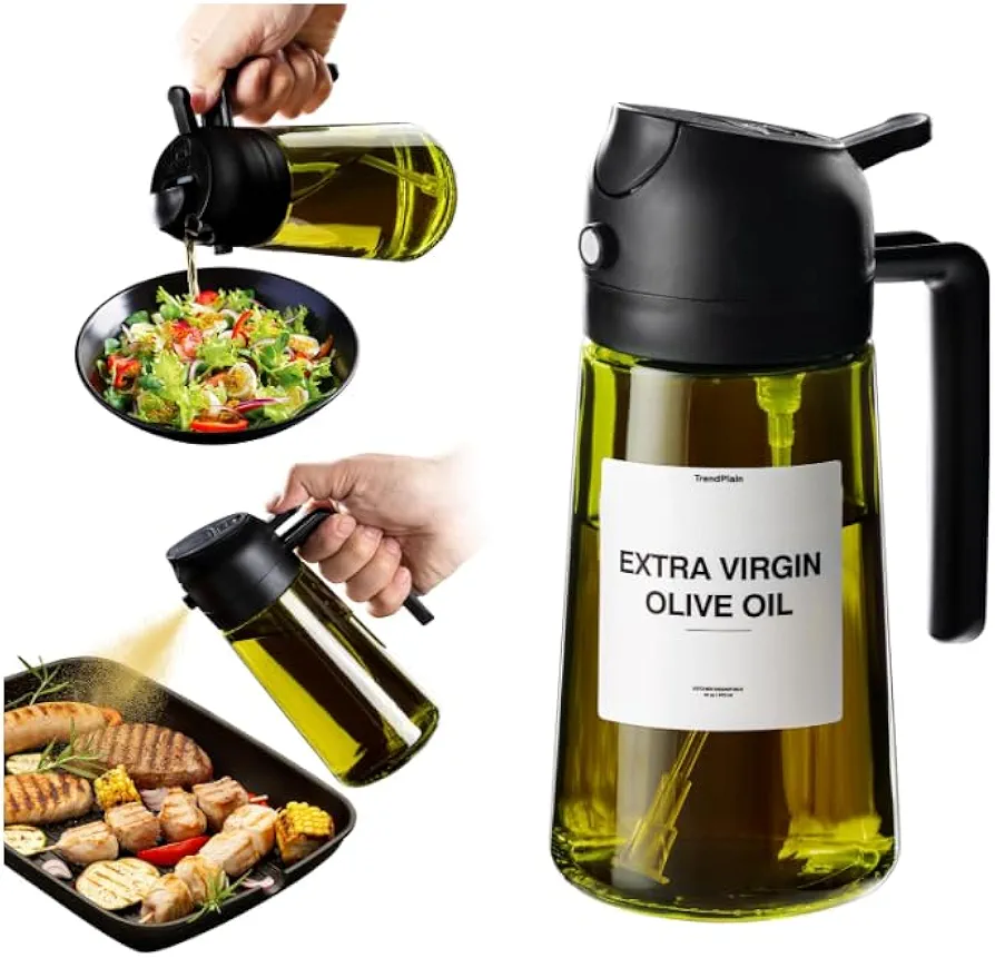 16oz Olive Oil Dispenser for Kitchen With 2 Brush- 2 in 1 Olive Oil Dispenser and Oil Sprayer - Olive Oil Dispenser Bottle w/Stickers - Olive Oil Sprayer for Cooking (Black)