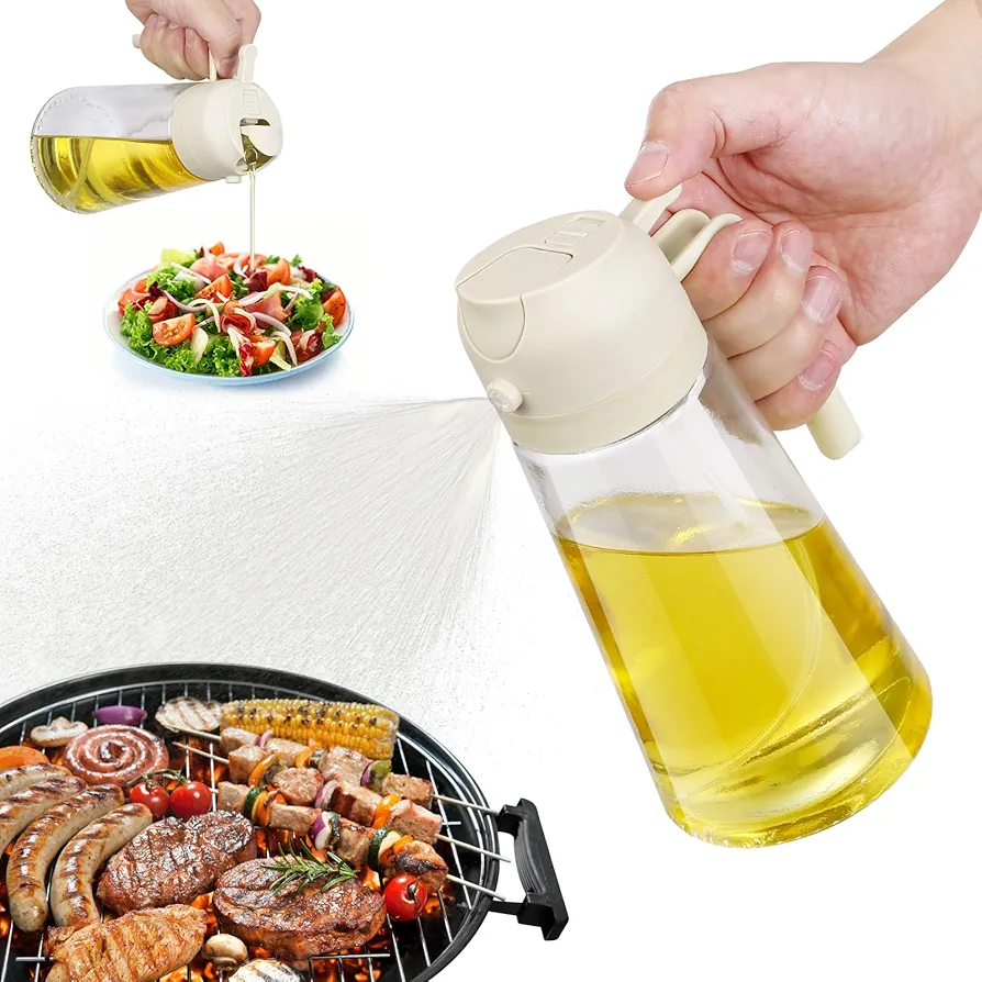 CHUBBY CHEEKS 20oz Kitchen Maiden 2-in-1 Oil Dispenser - 20oz Glass Oil Spray Bottle for Air Fryer, Salad, Frying, BBQ - Food-grade Oil Mister in Vibrant Cream White