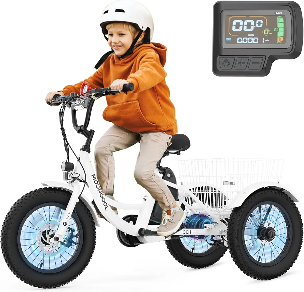MOONCOOL Electric Tricycle for Youth, 35 Miles 16IN 3.0 Fat Tire Electric Trike, 3 Wheels Electric Bicycle Bikes, 250W Aluminum Frame Electric Tricycle Etrike with Removable Battery and Basket