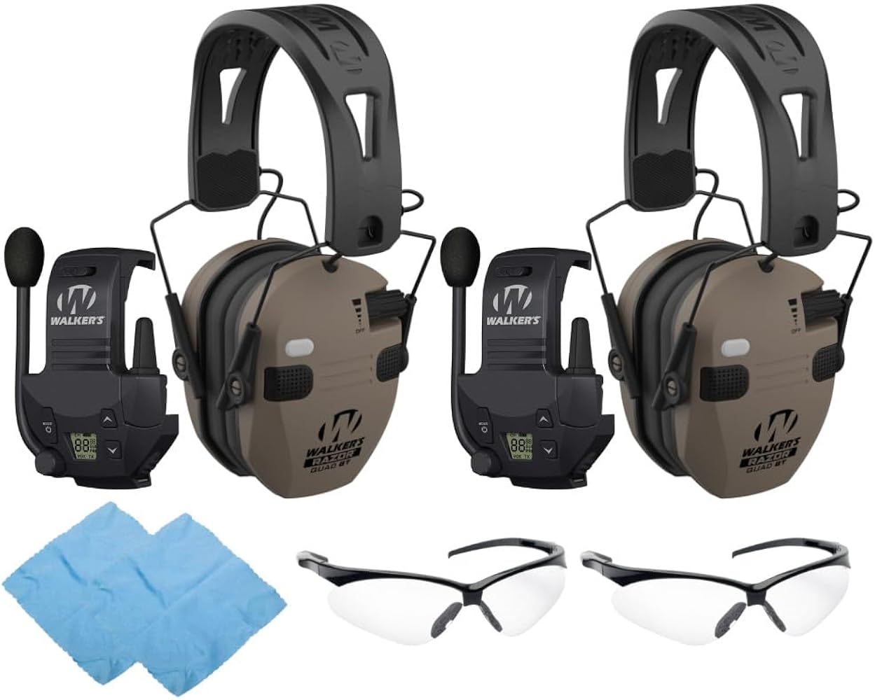 Walker's Razor Slim Quad Electronic Earmuffs Bundle Crosshair Sport Shooting Glasses