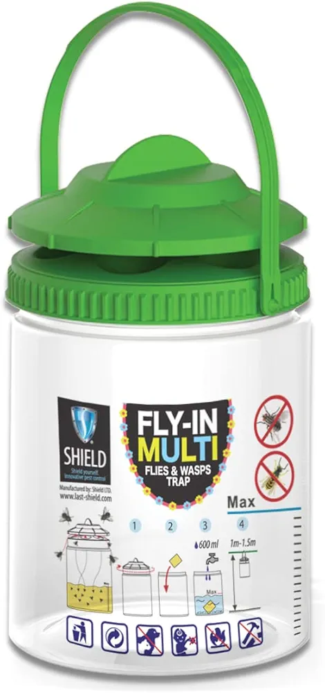 Shield Fly-in Reusable Fly Trap - Includes All Natural Bait for Fly Traps