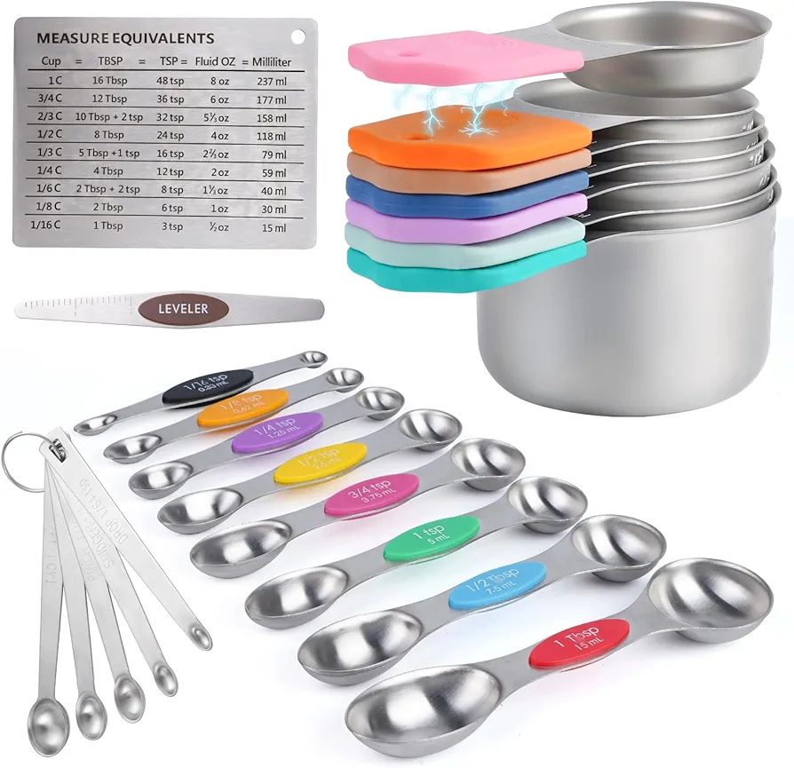 22-Piece Magnetic Measuring Cups and Spoons Set, 304 Stainless Steel Mini Measuring Spoons, with Leveler, Measurement Conversion Chart Fridge Magnet, for Measure Dry & Liquid Ingredients