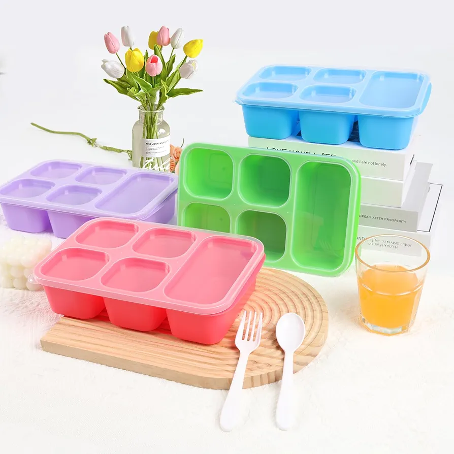 Bento box, 4 snack containers with 5 compartments, Reusable Bento Lunch Box Set for Kids and Adults, Sturdy and Easy-to-Clean Meal Prep Containers, Work, and Travel(Green/Blue/Pink/Purple)