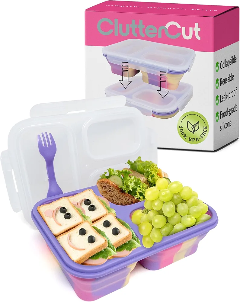 Leak Proof Bento Box - Collapsible Lunch Container with Compartments for Snacks - Portable Lunchbox for School, Daycare, Work and Travel - Easy-to-Clean Silicone Tray with Dividers