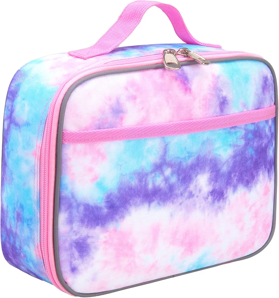 Fenrici Tie Dye Lunch Box for Girls, Girl's Lunch Box, Soft Sided Compartments, Spacious Girl's Lunch Bag for School, BPA Free, Food Safe,10.8in x 8.5in x 2.8in, Tie Dye, Pastel, Pink