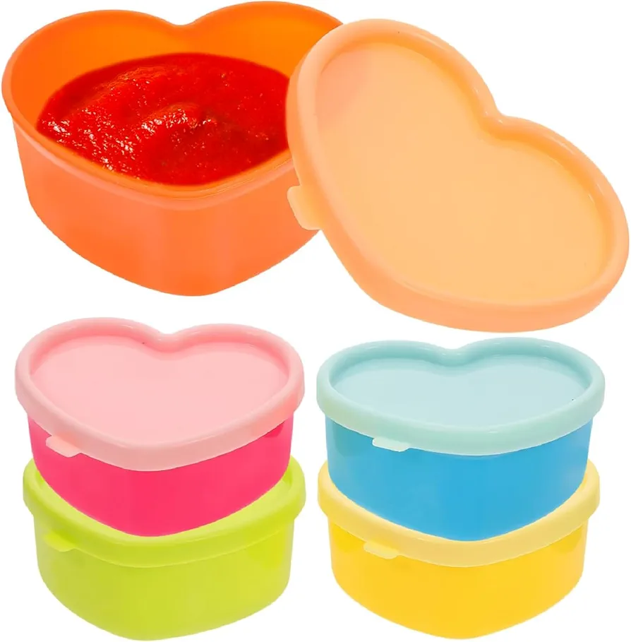 5 Pieces Heart Shaped Condiment Containers with Lids, Mini Salad Dressing Container To Go, Small Sauce Cups for Lunch Box, Reusable Leakproof Bento Dip Containers for Lunches Accessories