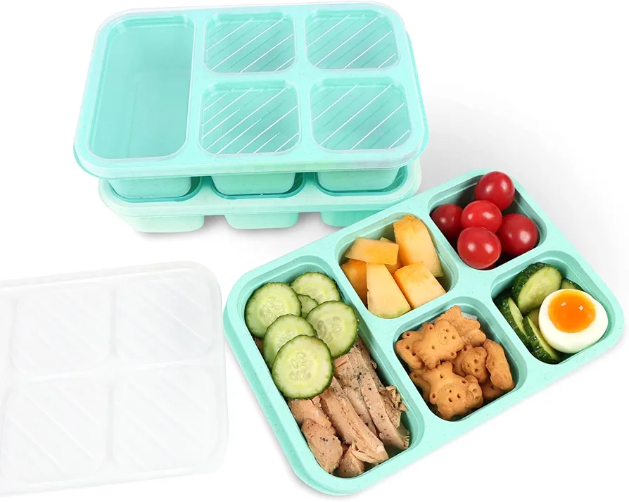 Bento box, 3 snack containers with 5 compartments, reusable meal preparation containers, lightweight lunch containers for children and adults, Stackable, Work, and Travel(Wheat(Green))