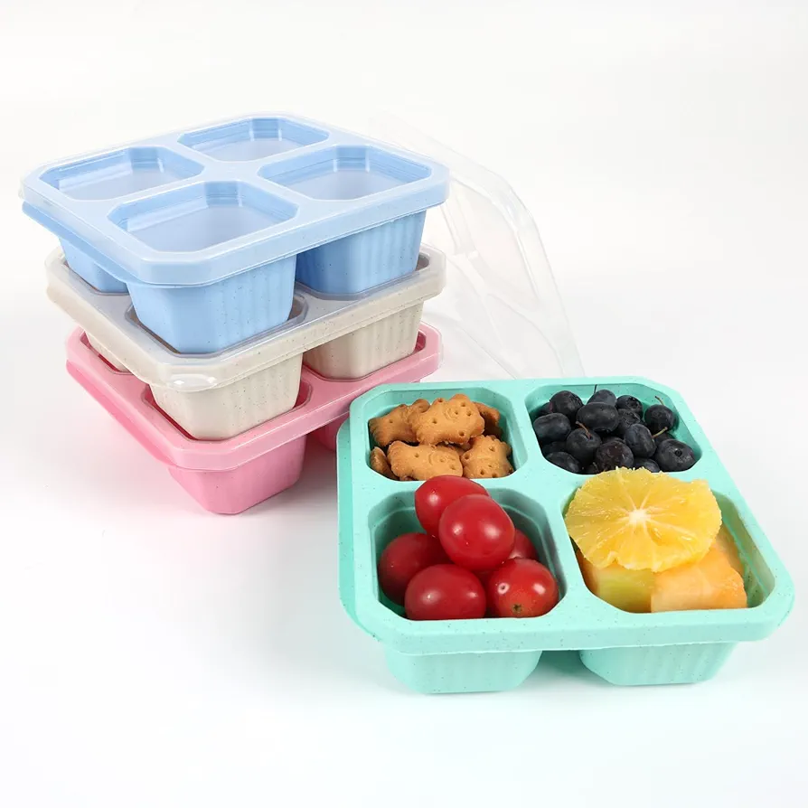 Bento box, 4 snack containers with 4 compartments, Reusable Bento Lunch Box Set for Kids and Adults, Sturdy and Easy-to-Clean Meal Prep Containers, Work, and Travel (Wheat(Green/Blue/Pink/Beige))