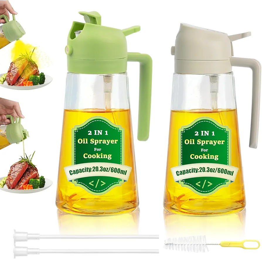 20.3oz/600ml Oil Sprayer for Cooking 2Pcs, 2 in 1 Olive Oil Dispenser Bottle for Kitchen, Cooking Spray Bottle, Food-grade Oil Spray Bottle for Air Fryer, Salad, Frying, BBQ (White+Green)