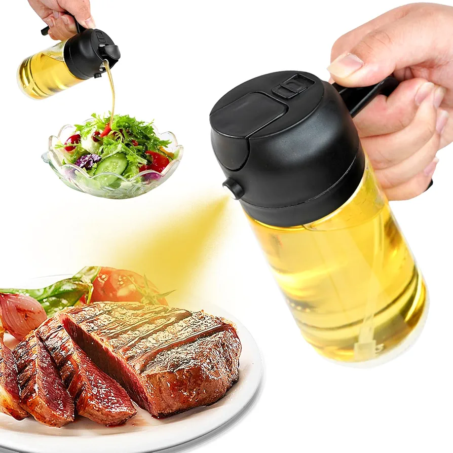 16oz Oil Dispenser Bottle for Kitchen - 470ml Olive Oil Bottle - 2 in 1 Olive Oil Dispenser and Oil Sprayer - Oil Sprayer for Cooking, Kitchen, Salad, Barbecue Black