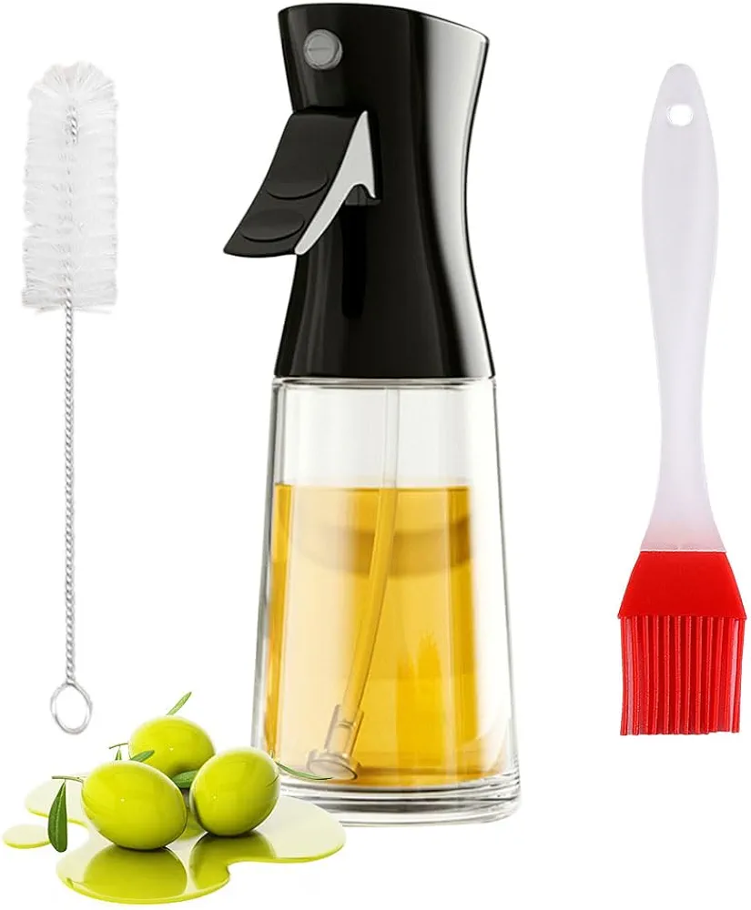 180ml Olive Oil Sprayer Mister with Brush Refillable Fine Spraying Bottle Continuous Spray with Portion Control Glass Oil Dispenser for Air Fryer, BBQ, Roasting, Salad, Black