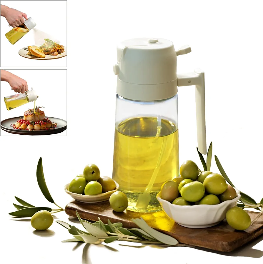 Oil Sprayer for Cooking,470ml Olive Oil Spritzer,2 in 1 Oil Spray and Oil Container, Food-grade Oil Mister for Air Fryer, Salad, Baking, BBQ, Frying(White)