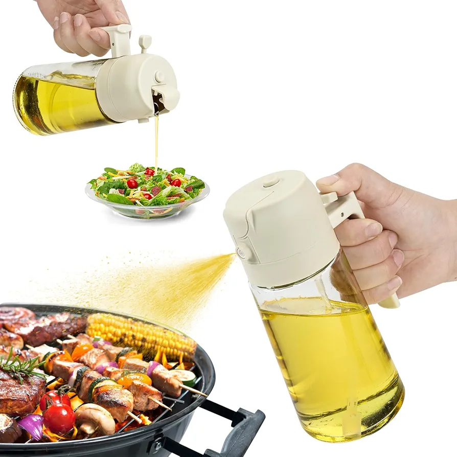 Oil Dispenser Bottle for Kitchen - 2 in 1 Olive Oil Dispenser and Oil Sprayer - 16oz/470ml Olive Oil Bottle - Oil Sprayer for Cooking, Air Fryer, Salad, Frying, BBQ (White)
