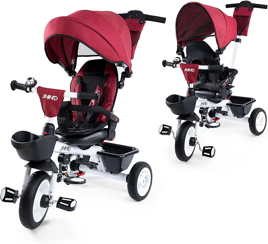 JMMD Baby Trike, 6-in-1 Kids Stroller Tricycle with Adjustable Push Handle, Removable Canopy, Safety Harness for 6 Months - 5 Year Old(Red)