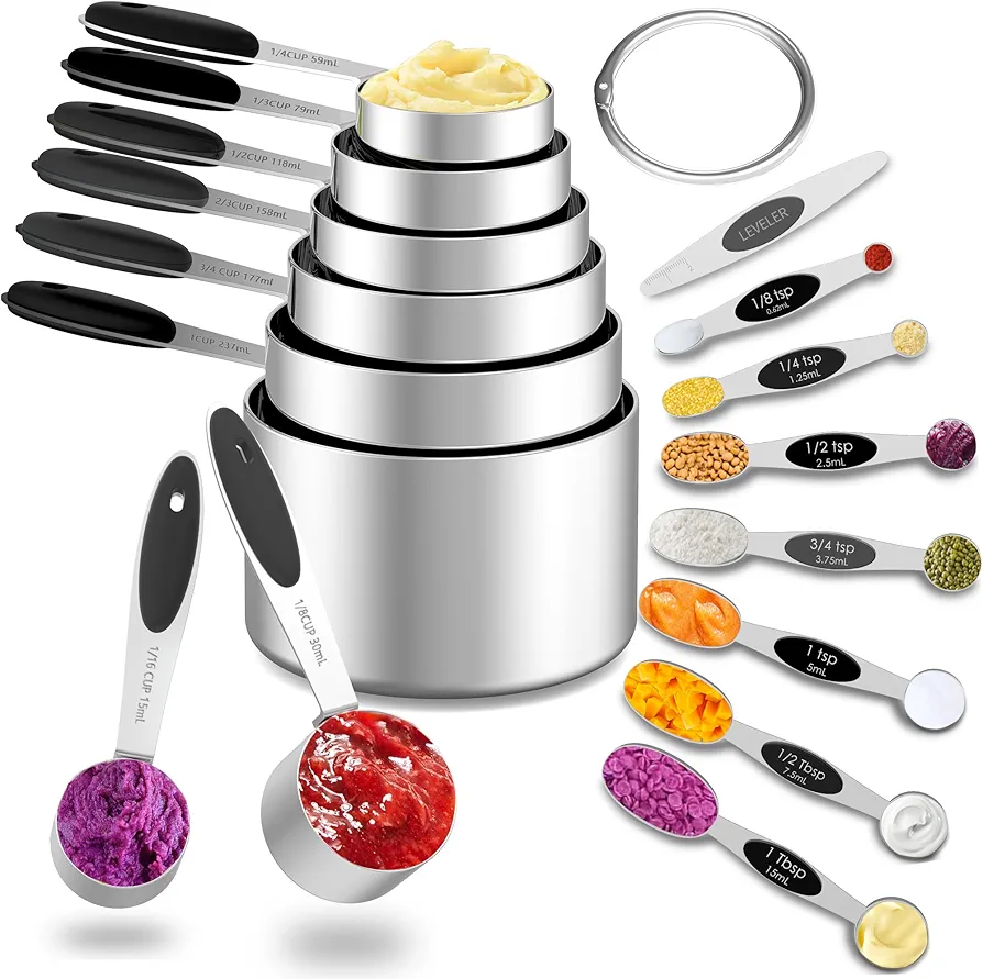 Measuring Cups and Magnetic Measuring Spoons Set, 8 Stainless Steel Measuring Cups with Easy to Read Markings, 7 Double Sided Stackable Magnetic Measuring Spoons & 1 Leveler, Black
