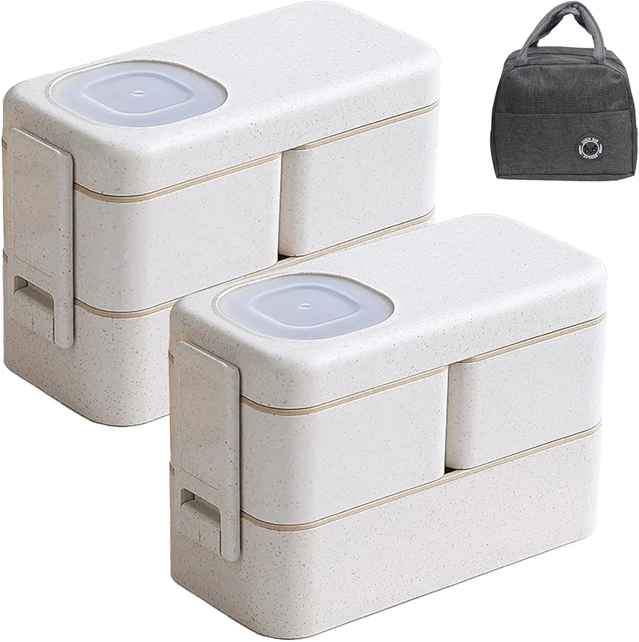 2 Pack Bento Box for Adult with Lunch Bag Japanese Stackable Wheat Fiber Bento Lunch Box 3-In-1 Compartments Lunch Meal Prep Container for Dining Out, Work, Picnic