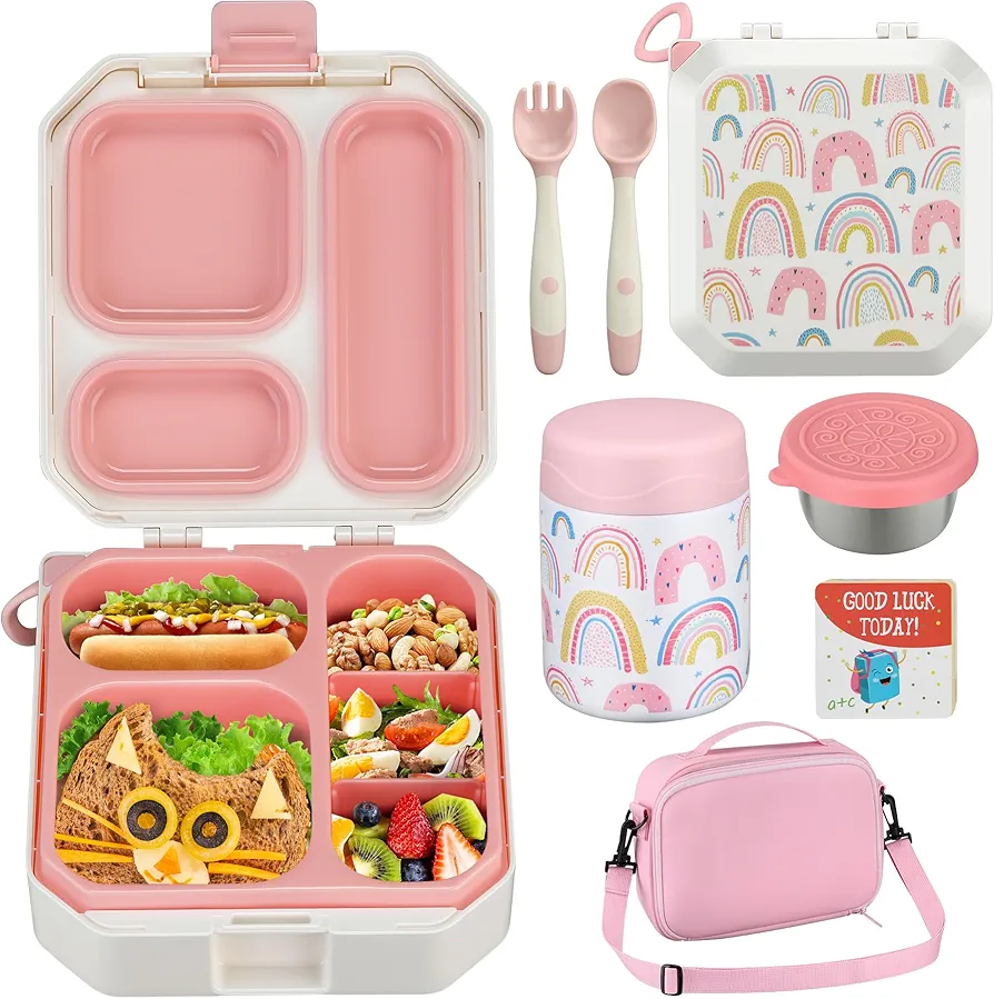 Itslife Bento Lunch Box Set for Kids with 12oz Soup Thermo&Lunch Bag, Leak-Proof Lunch Food Containers for Kids School, 5 Compartment, Sauce Cup, 10 Notes (Rainbow White)