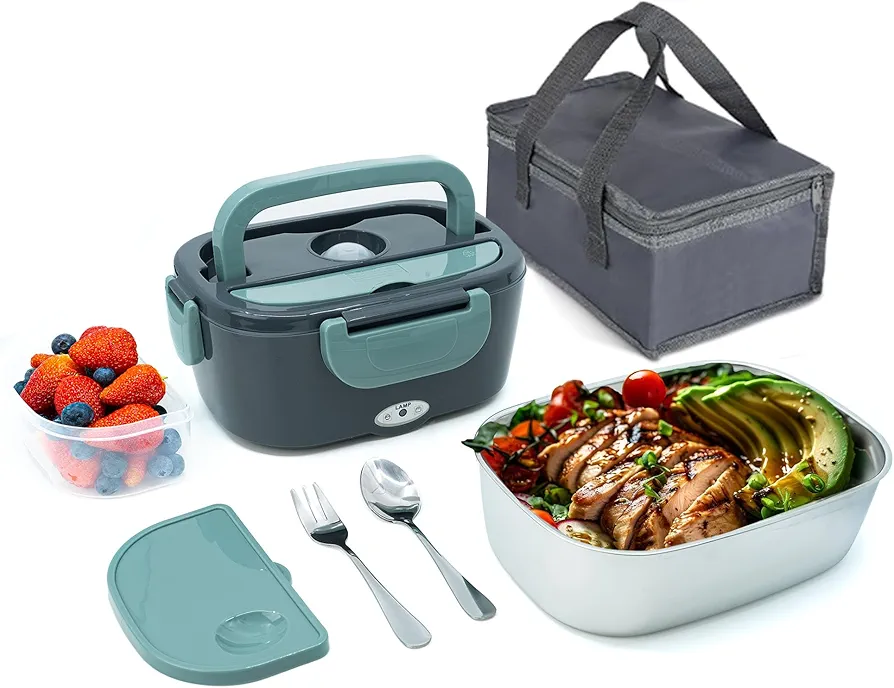 LAHRStore Heated Lunch Box for Adults - 1.8L Electric Lunch Box with Fork & Spoon, 3 in-1 Bento Lunch Box 60-80W Heating Lunch Box for Car (Gray)