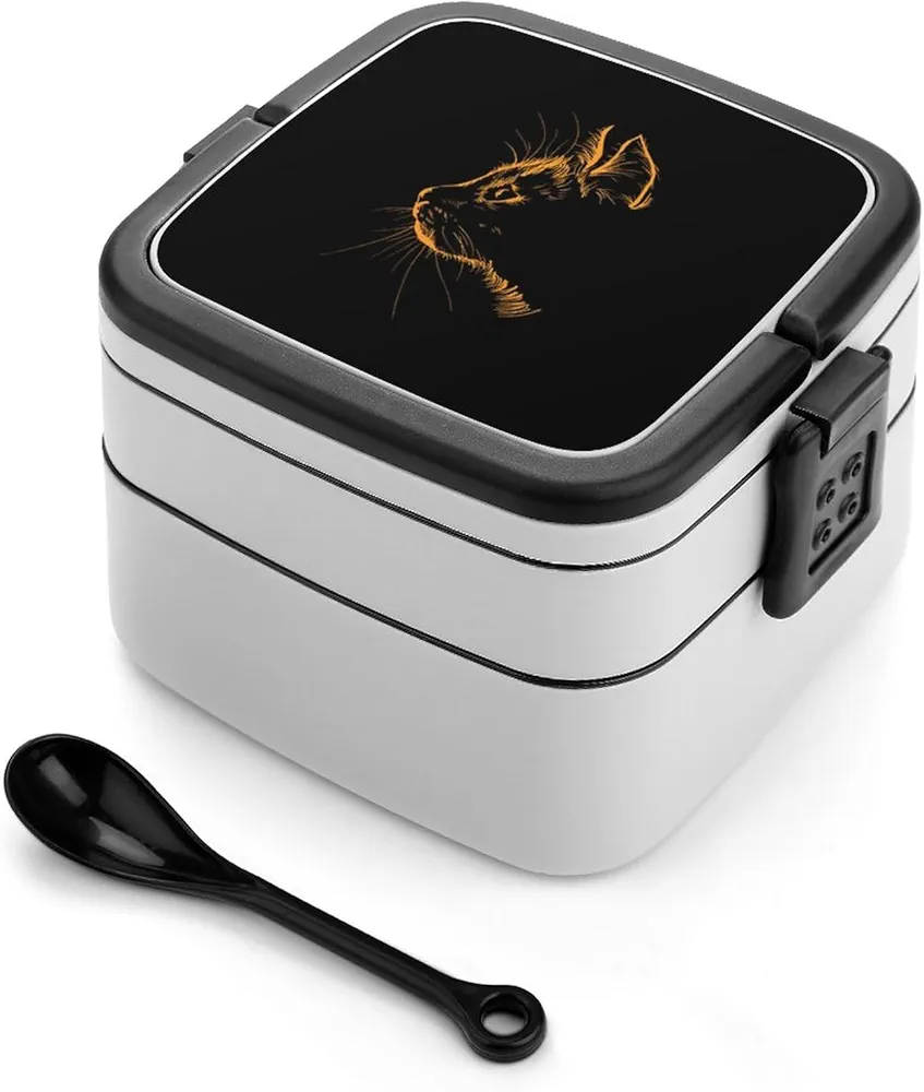Cat Portrait Silhouette Bento Box Adult Lunch Box Two Layers Design with Hand Carry and Spoon for Work Camp Travel