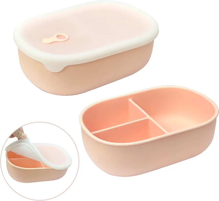 Silicone Food Storage Container, Food Grade Silicone Bento Box, Snack Containers, Lunch Box for Toddlers, Preschoolers, Adults, BPA Free, Airtight, Dishwasher and Freezer Safe - 32 oz, Pink