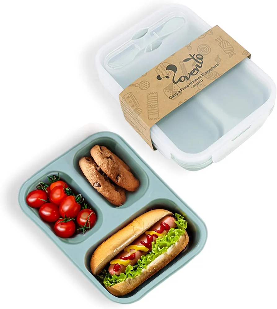 Collapsible Silicone Bento Lunch Box Set, 3 Pieces, 3 Compartments, Space Saving, Leakproof Lid, BPA Free, 5 Colors (Green), 240mmX175mm