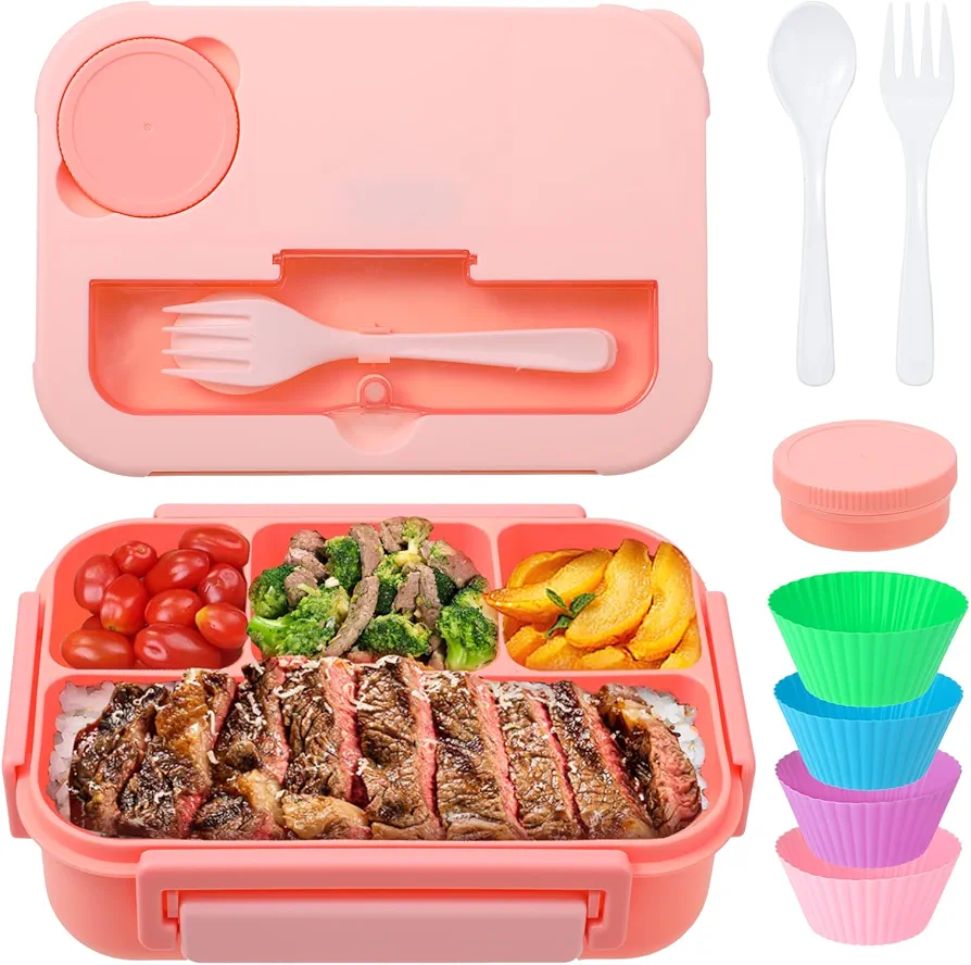 Vensp Bento Box Adult Lunch Box, Bento Box with 4 Compartments,Woman Lunch Box Containers for Work with Utensils,Sauce Jar, Muffin Liners,Microwave & Dishwasher Safe, Pink, Large