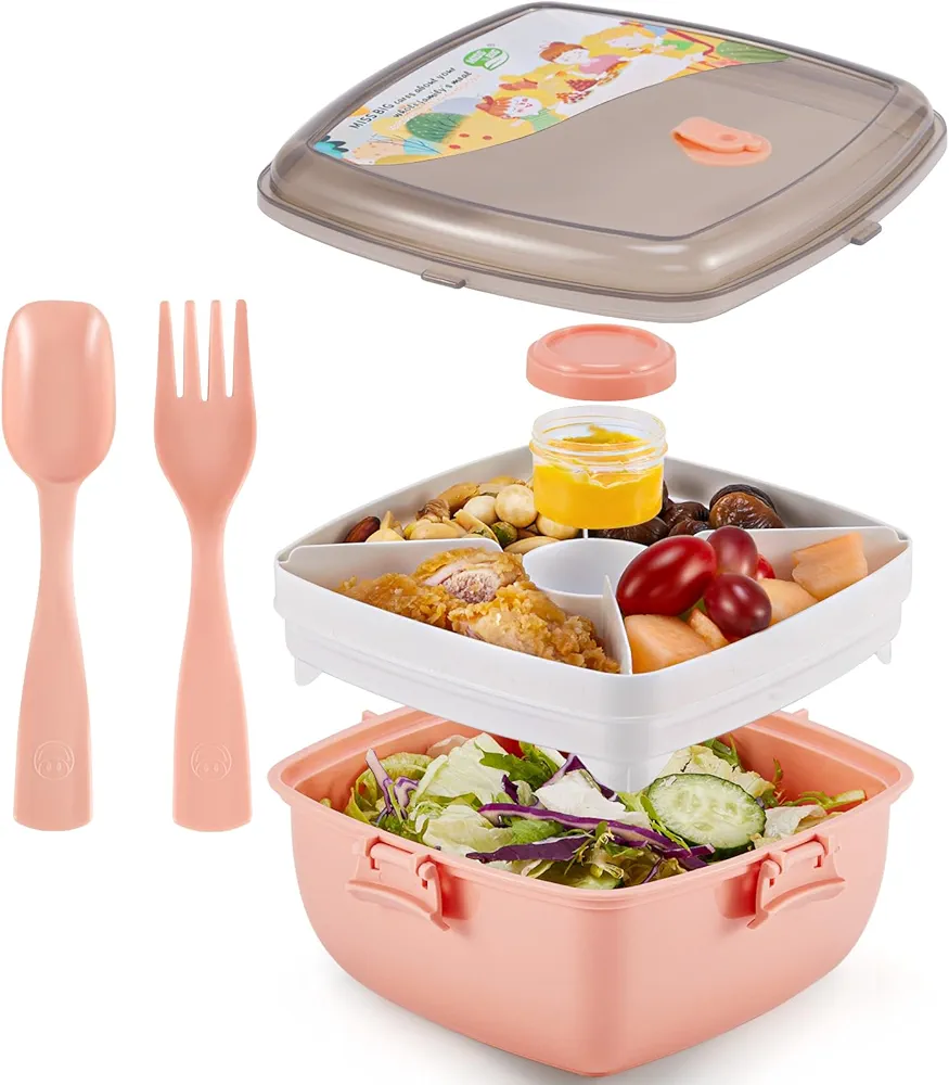 MISS BIG All in One Salad Container Salad Bowl Spoon Fork Pressure Relief Valve 4 Compartments Dressings BPA-Free Salad bento box for women lunch box Adult Micorwave Dishwasher Safe