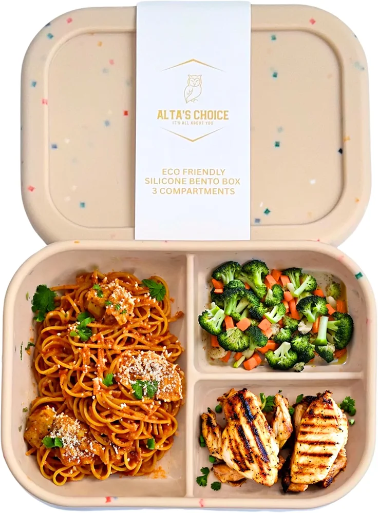 ALTA'S CHOICE SILICONE BENTO LUNCH BOX (IVORY). Leak-Proof Lunchbox, 3 Compartments. BPA, Phthalate, Lead, & PVC Free. Bento Lunch Box for Kids and Adults. Microwave, Dishwasher Safe, Reusable.