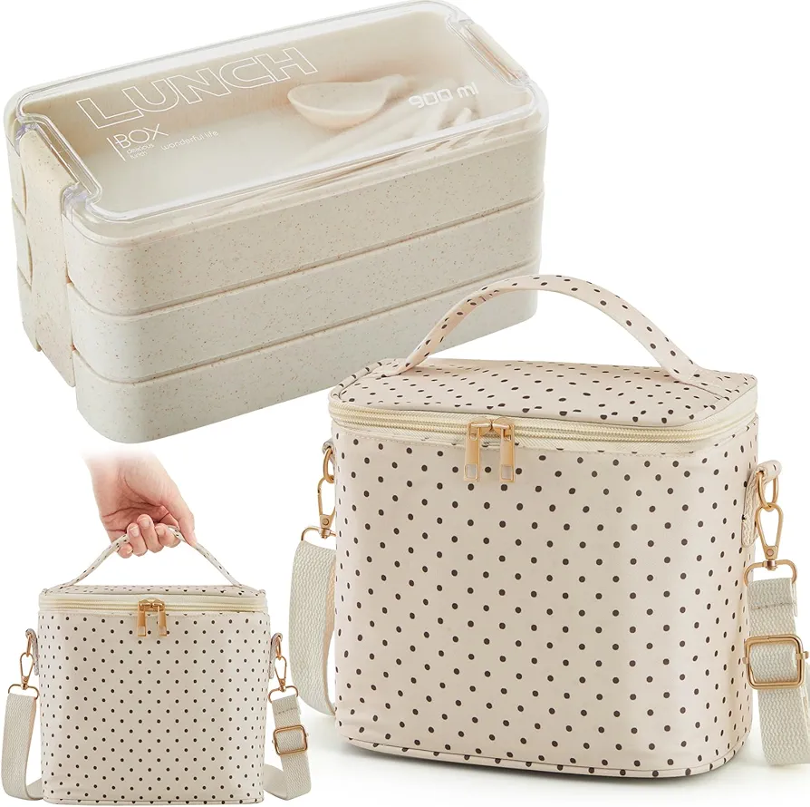 2 Pcs Insulated Lunch Bag Tote Bag with Adults Lunch Box Stackable Bento Box, 3 in 1 Compartment, Salad Container for Lunch Dots Thermal Bag with Zippers and Handle for Work