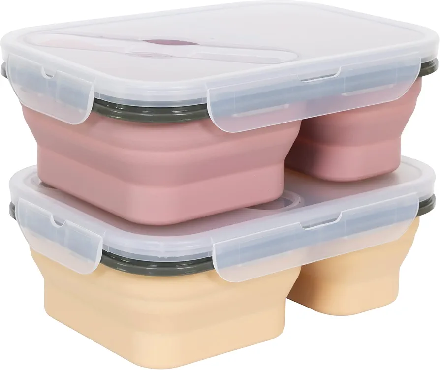 ModernHome Maven Silicone - Collapsible - BPA Free - Leak Proof - 2 Compartments - Lunch Box - Storage Container - Dishwasher, Microwave Safe - Mauve Pink & Beige - 2PC