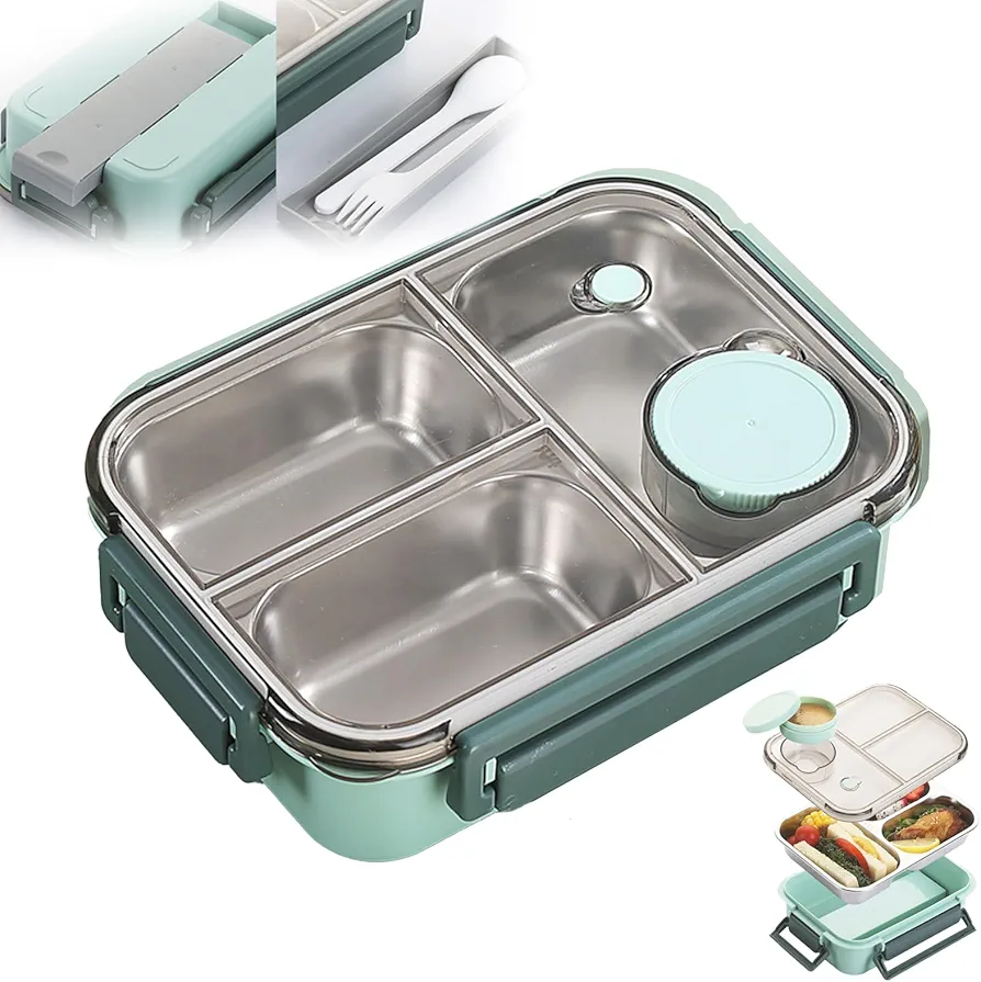 Escentio Lunch Box, Stainless Steel Bento Box Adult Lunch Box, Stainless Steel Bento Lunch Box, Portable Adult Bento Box, with tableware, Capacity Portable Lunch Box Containers (3 Grid Green)