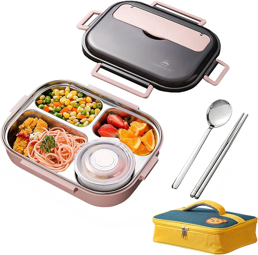 Lunch Box for Adults Insulated Bento Box Stainless Steel Liner with Cutlery and Insulated Lunch Bag,1500ml Capacity,4 Compartments,Suitable for Adults