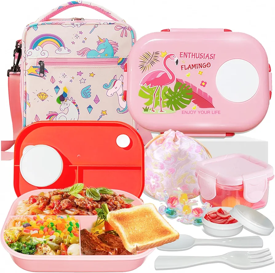 Kids Bento Lunch Box Set with Lunch Bag, Leak-Proof Lunch box,16oz Candy Bag, Silicon Cap Salad Container and Tableware for Girls School Travel RV camping Picnic.