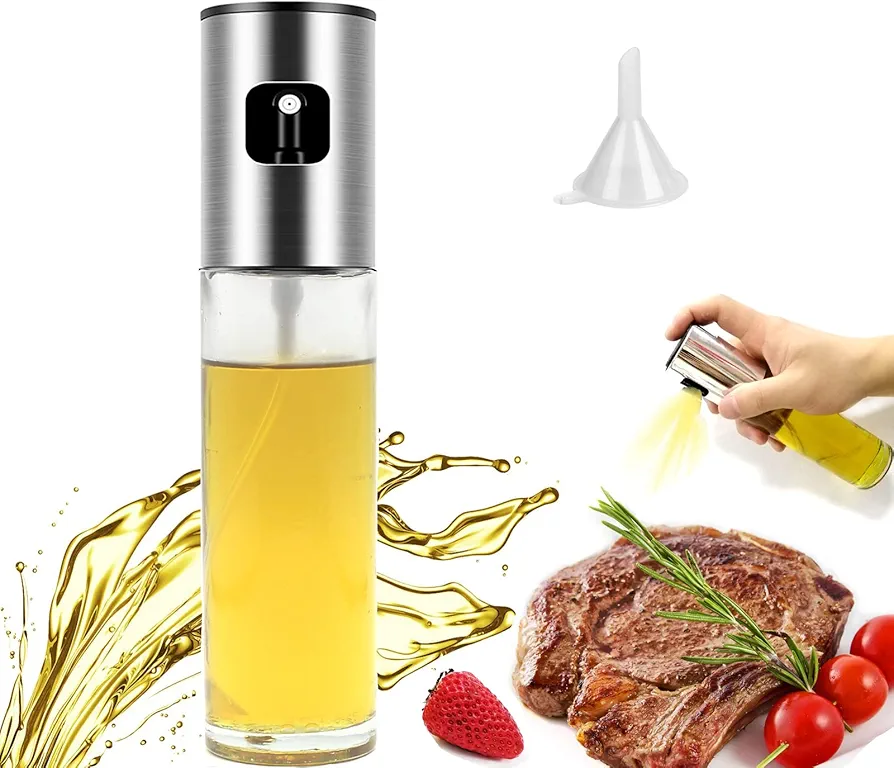 Oil Sprayer for Cooking | Olive Mister Dispenser Bottle with Funnel Spritzer Salad,Air Fryer, BBQ, Baking,Roasting,Grilling, Silver, 7.0x1.6x1.6in