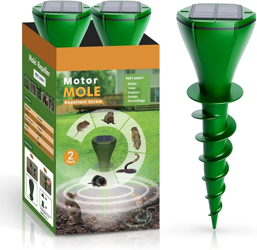 Solar Powered Mole Trap with Screw-Shape Stakes, 2 Pack Mole Repellent for Lawns, Ultrasonic Mouse Repellent, Snake Gopher Vole Repellent for Outdoor, Garden, Lawn, Yard, Farmland