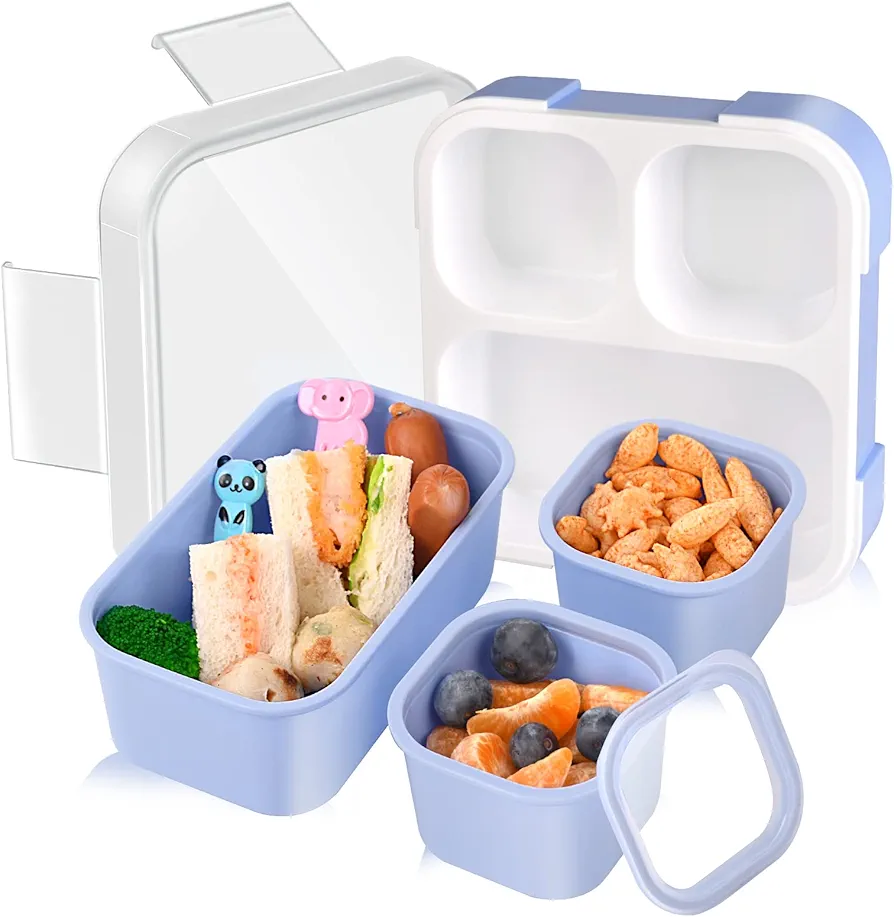 Genteen Bento Box for Kids, Kids Lunch Box with 3 Removable Compartments, Toddler Baby Lunch Box for Daycare, School, Leak-proof Lunch Snack Portion Container, Ideal Portion Size for Ages 3 to 7- Blue