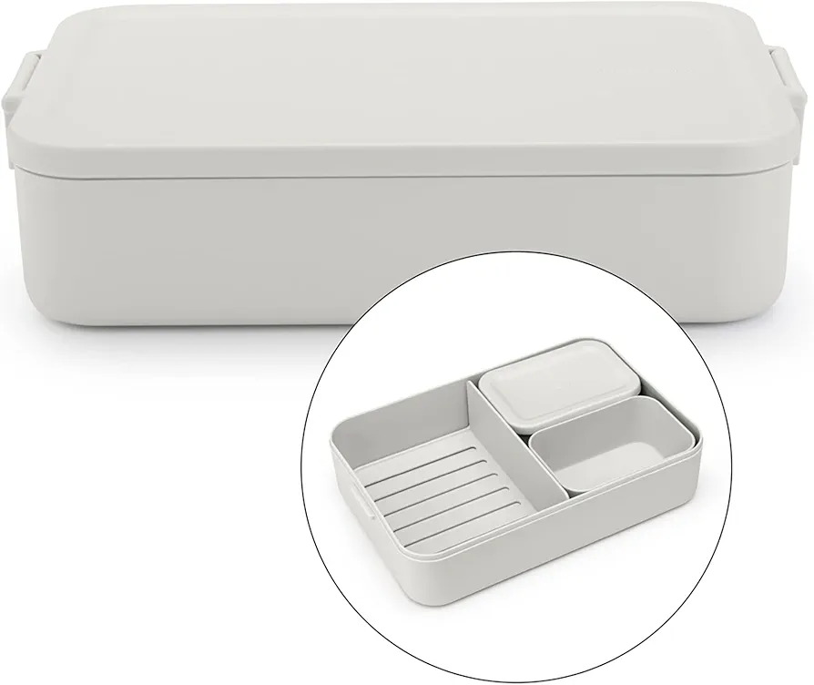 Brabantia Make & Take Bento Lunch Box (Light Gray) 2 Compartments & Lidded Pot, Lift-Out Tray Divider, BPA-Free, Airtight Snap Locks, Microwave & Freezer Safe, Travel Meal Prep Container