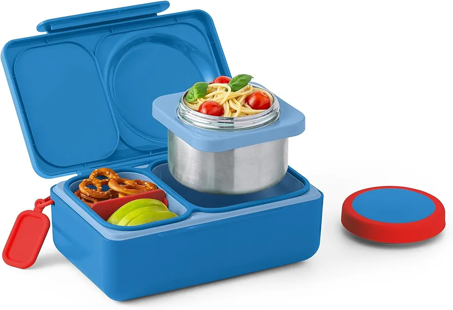 Omie OmieBox UP bento box for kids | Insulated lunch box | Leak proof thermos food jar | Cooler ice pack | 2 Compartments (Cosmic Blue), 12 Ounces