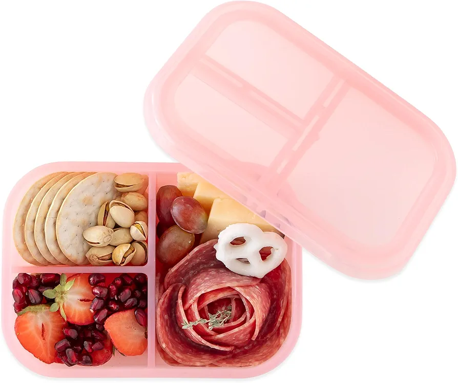 Bumkins Snack/Lunch Bento Box for Kids and Adults, 3 Compartment Container, Leak Proof Lid, for Portioning, Large Section Can Hold Sandwich, Food-Safe LFGB Platinum Silicone, Microwave-Safe, Pink
