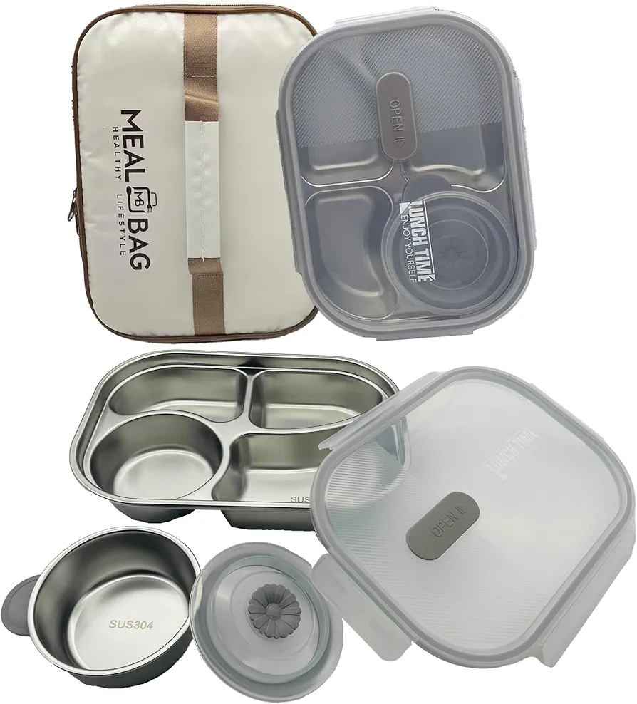 Stainless Steel Bento Box for Adults,Leakproof and BPA-Free, 1500ML Stainless Steel Lunch Box with 4 Compartments,1 Small Bowl,1 Lunch Bag,Stainless Steel Lunch Container for Travel,office(white)